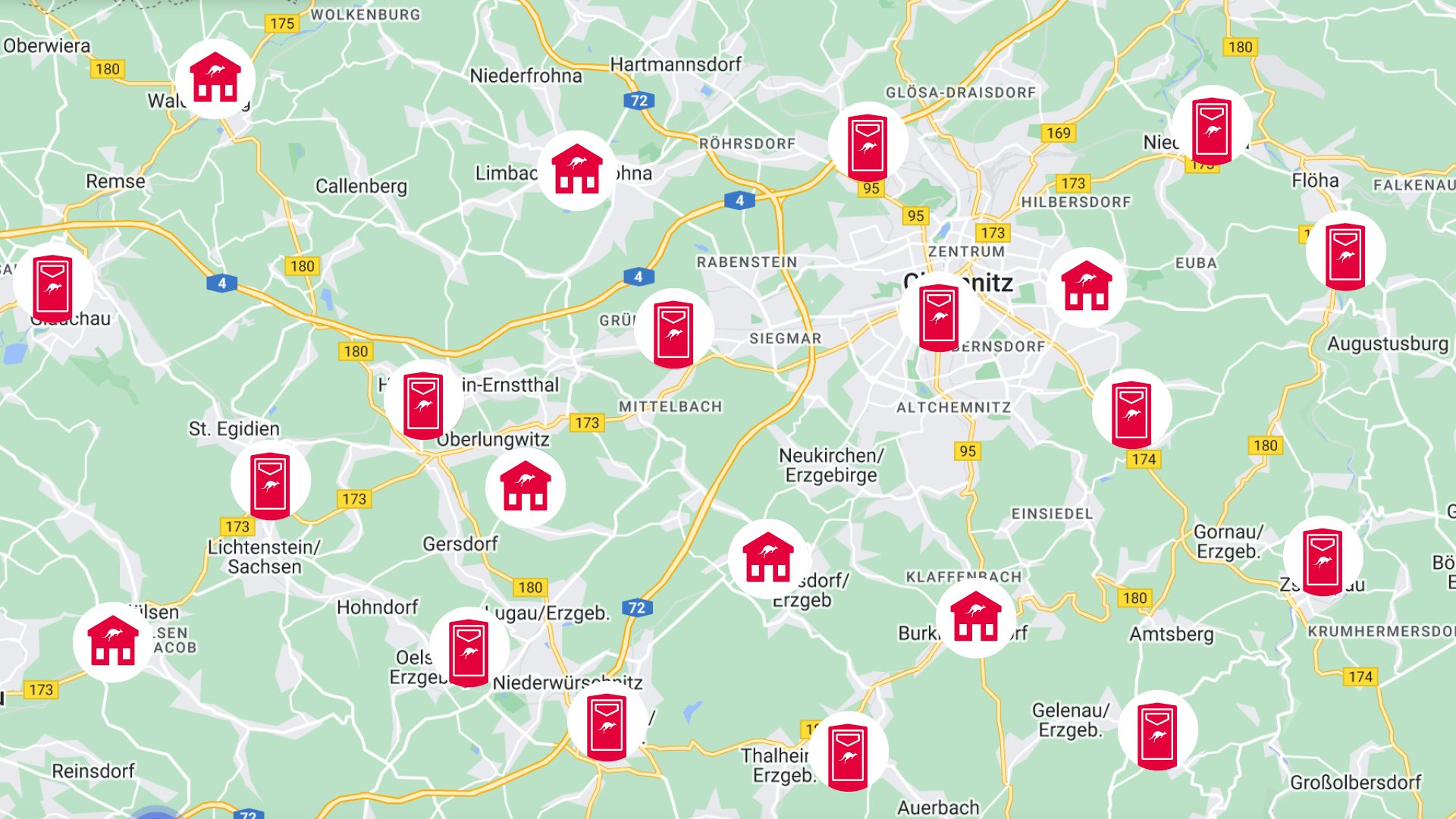 Die Grafik zeigt die Standorte von ServicePunkten und Briefkästen in der PLZ-Region 08/09.