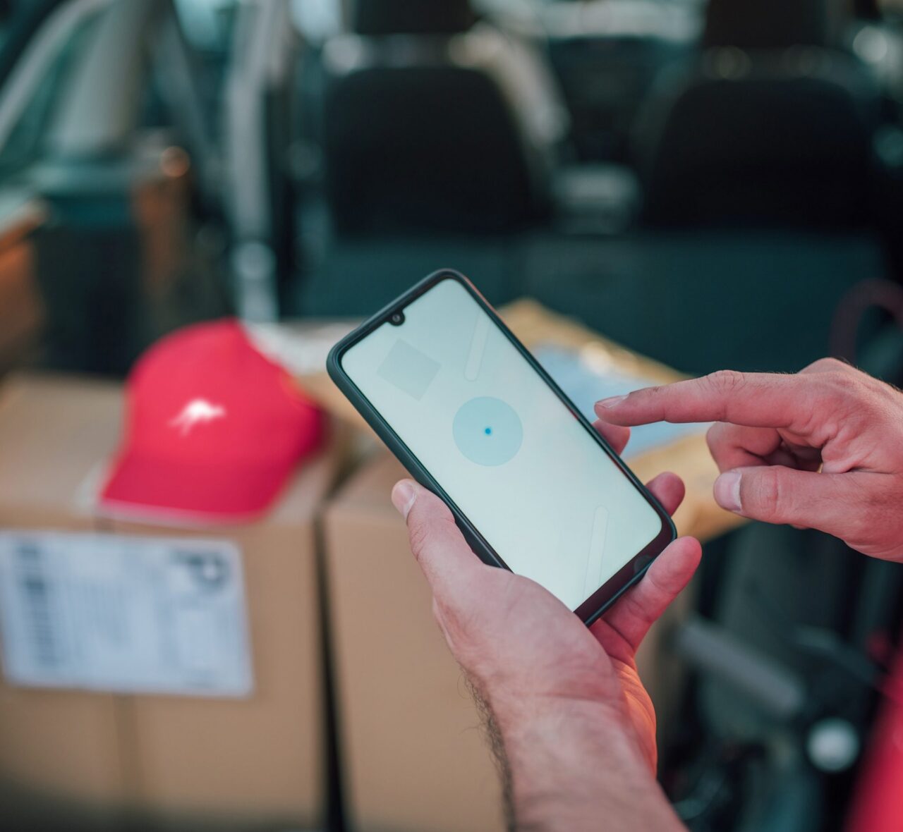 Das Bild zeigt eine Person mit Smartphone in der Hand, die die Briefkastensuche von PostModern nutzt.