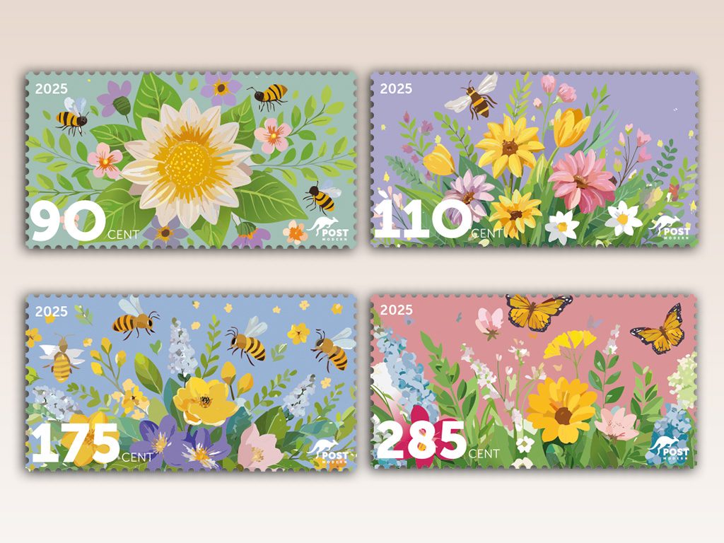 Das Bild zeigt eine Übersicht über die Sonderedition Blütenträume von allen Wertstufen - 90 Cent, 110 Cent, 175 Cent und 285 Cent.