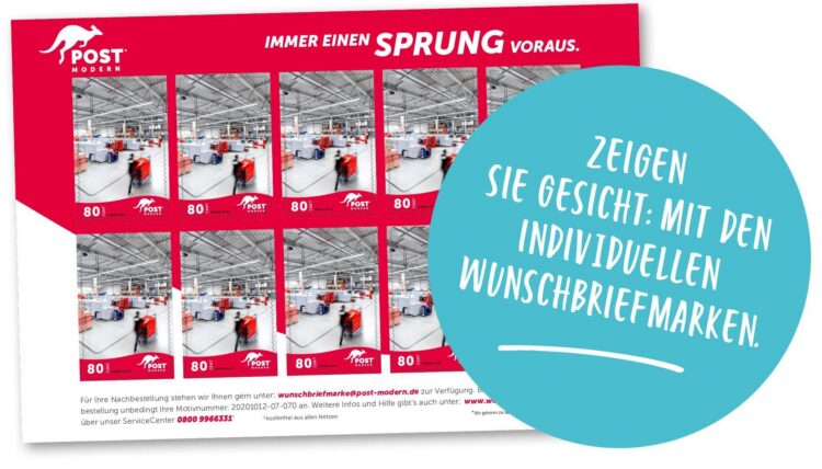 Das Bild zeigt Individuelle Briefmarken als 10er Bogen mit Wunschmotiv. Hier am Beispiel vom Briefsortierzentrum. Mit Bubble und Text: Zeigen Sie Gesicht: Mit den individuellen Wunschbriefmarken.