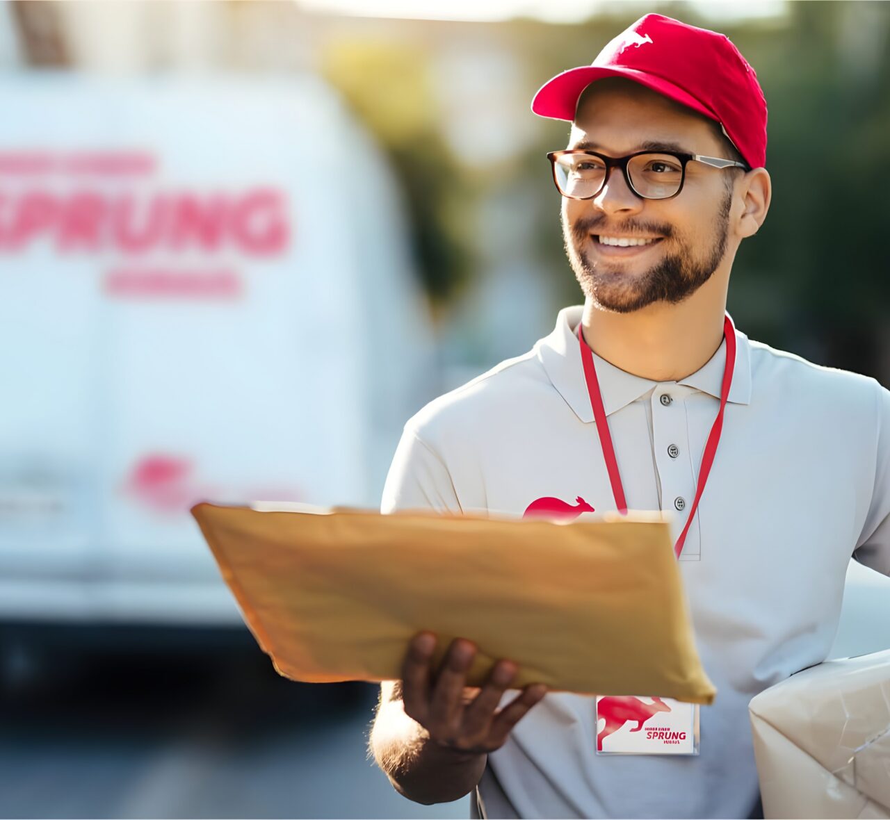 Das Bild zeigt einen PostModern Mitarbeiter vor einem Zustell-Transporter mit Brief in der Hand und Paket unter dem Arm.