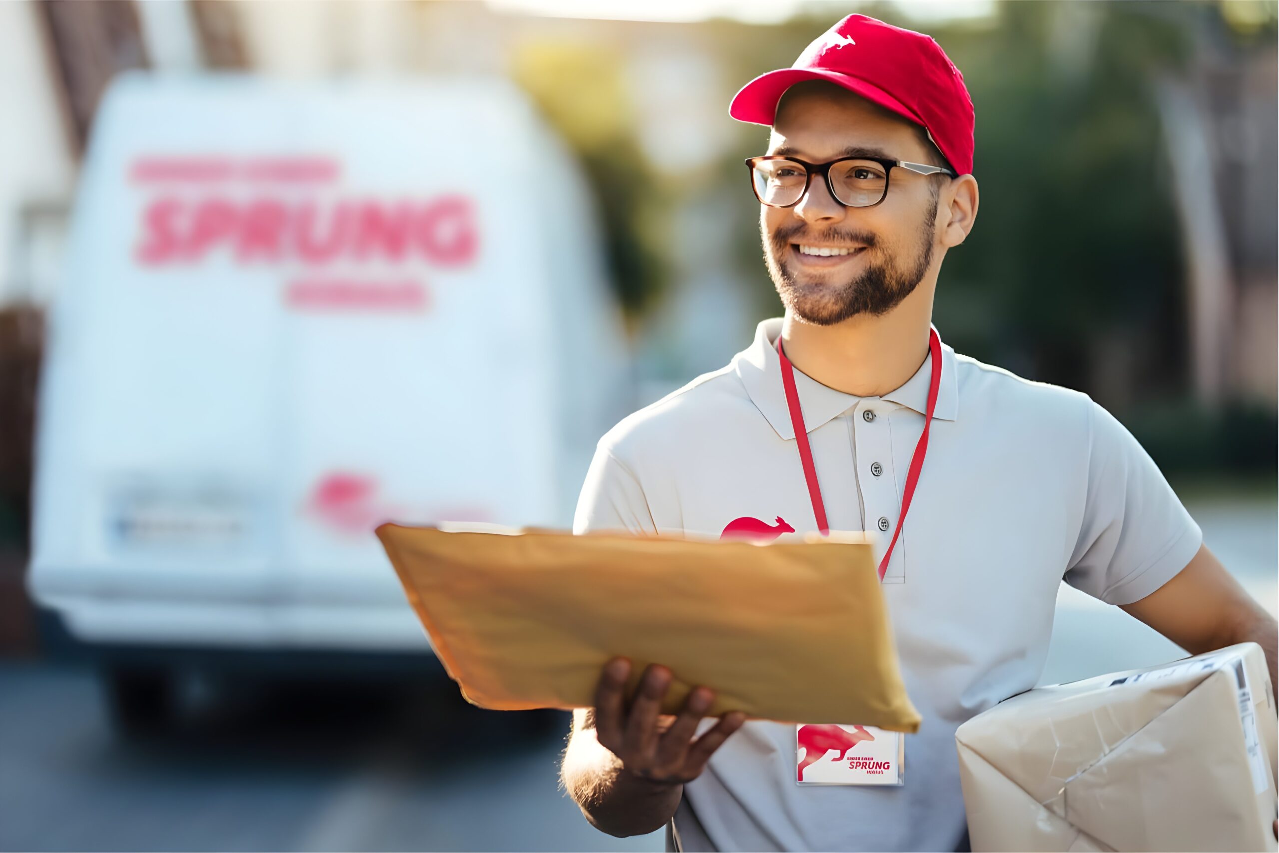 PostModern Mitarbeiter vor einem Zustell-Transporter mit Brief in der Hand und Paket unter dem Arm